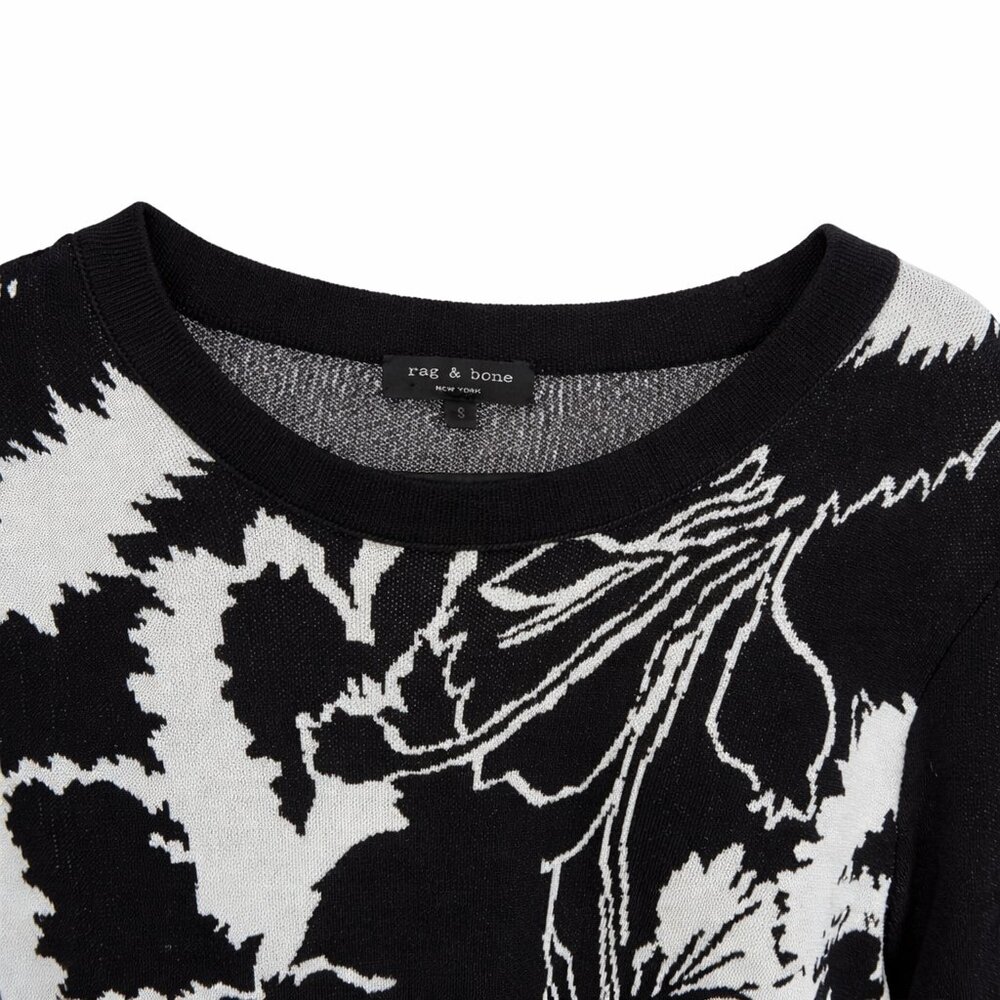 rag & bone Liberty Black White Knit Flower Print Short Sleeve Shift Dress Small - Picture 3 of 4